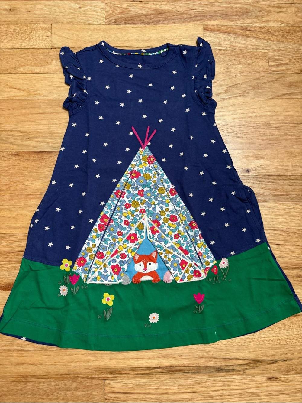 Mini Boden Navy Star Dress with Green Hem & Colorful Tent